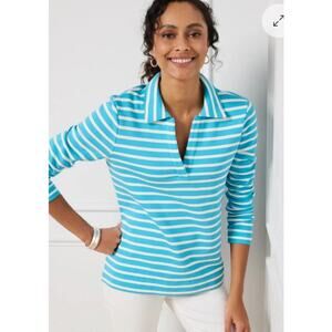 Talbots Striped Johnny Collar Pullover Sweater Preppy Coastal Petite S